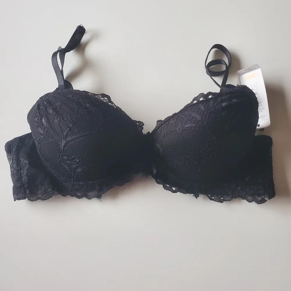 Rene Rofe Extreme Push Up Bra 34 A Womens Black Lace Overlay Underwired - Picture 1 of 7